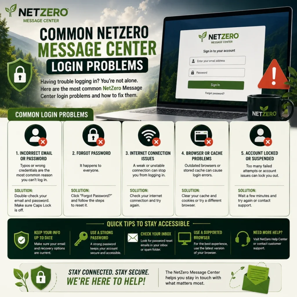 Common NetZero Message Center login problems with password, browser, connection, and account troubleshooting tips
