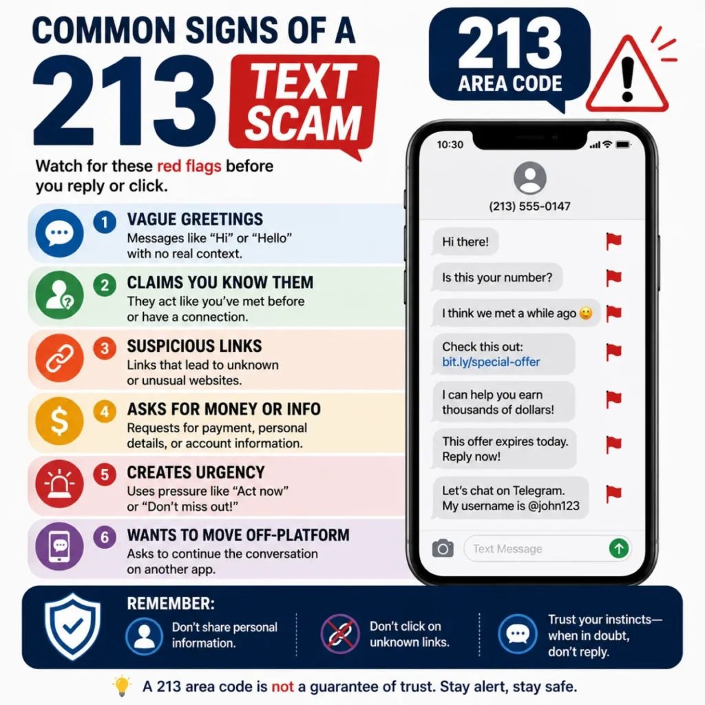 Common signs of a 213 text scam, including suspicious links, money requests, urgency, and personal information demands