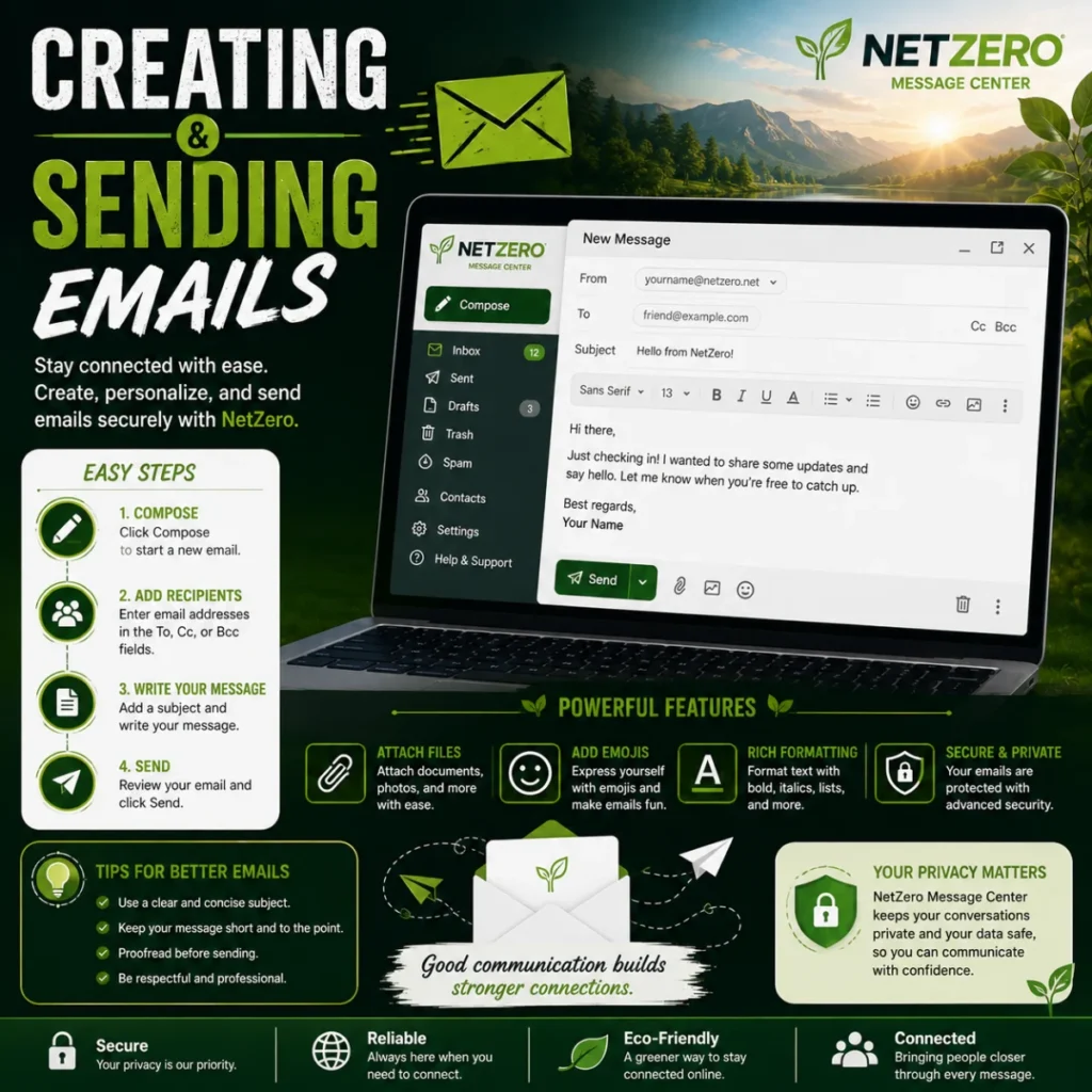 Creating and sending emails in NetZero Message Center with simple steps, formatting tools, and secure messaging