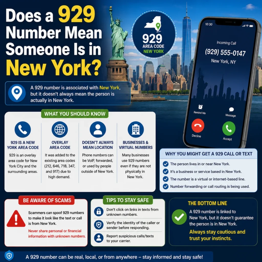 Does a 929 number mean someone is in New York? Infographic explaining area code location, virtual numbers, and scam tips.