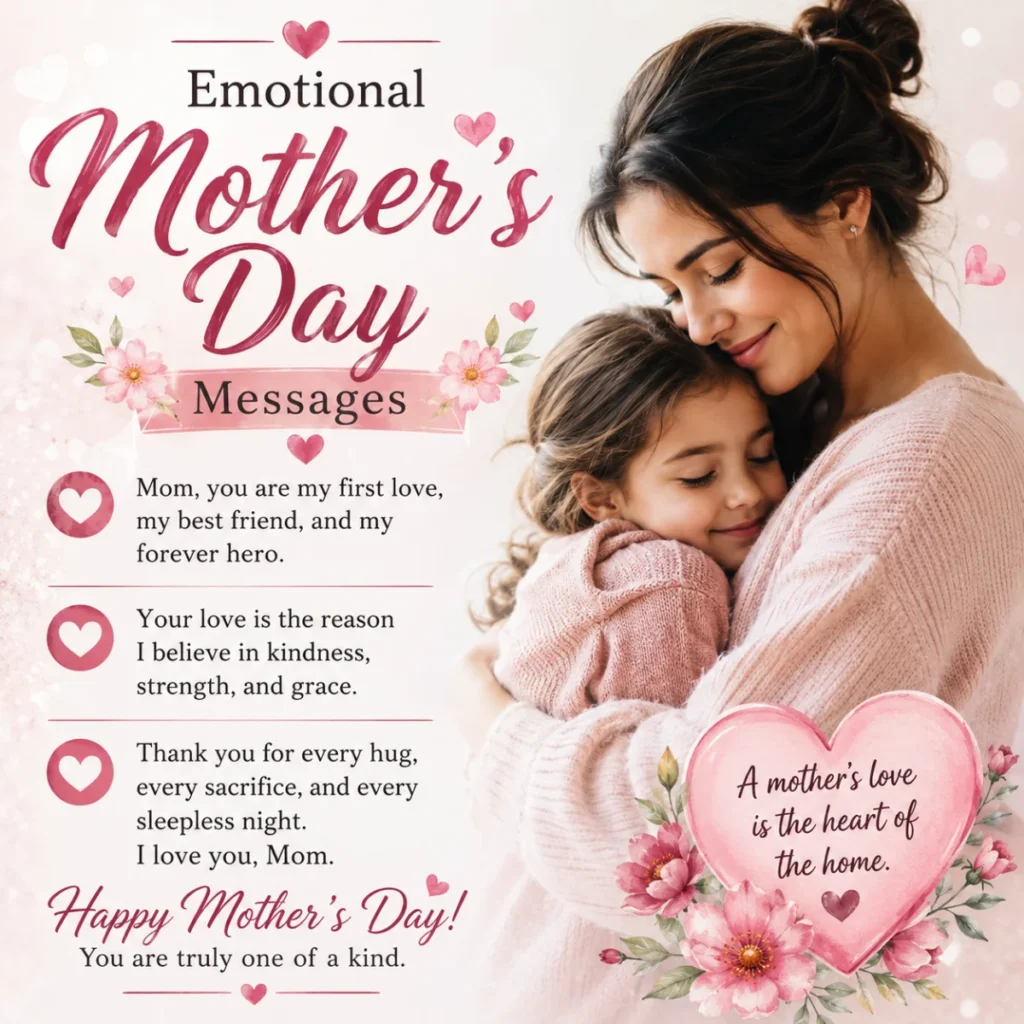 Emotional Mother’s Day Messages card with a loving mother hugging her daughter in a soft pink floral design