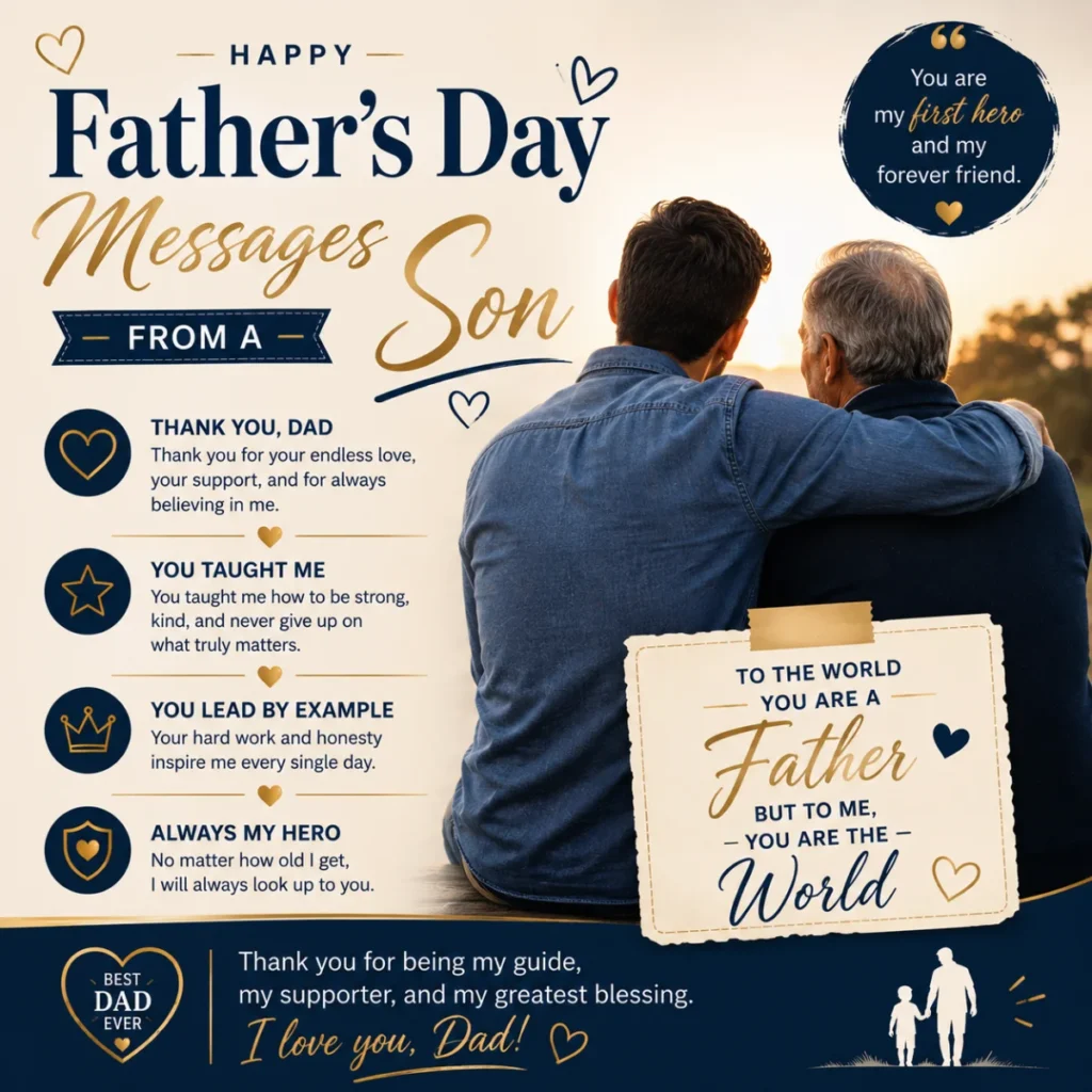 Father's Day messages from a son with father and grown son sharing a heartfelt sunset moment and meaningful words