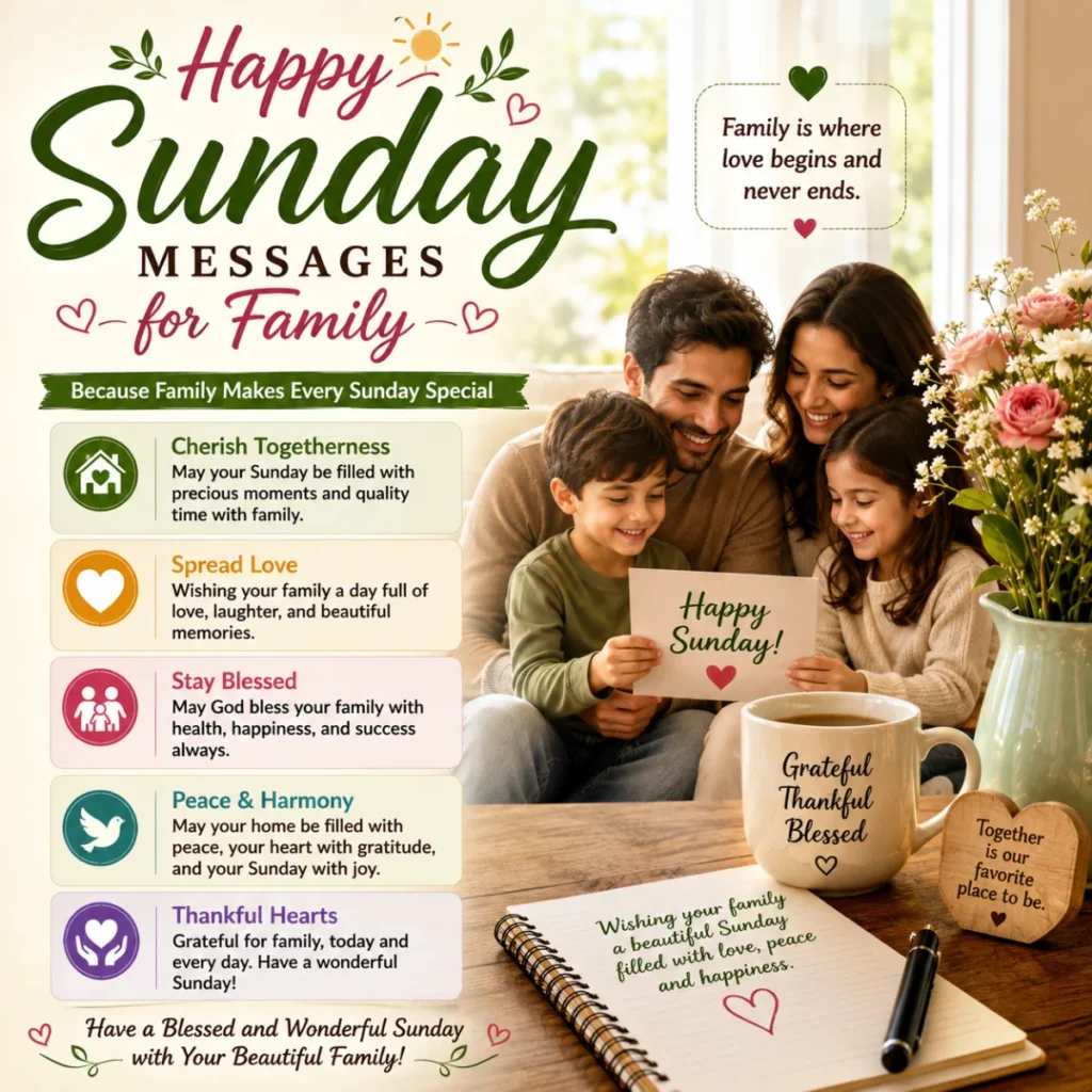 Happy Sunday messages for family with heartfelt wishes, smiling family, flowers, and a cozy Sunday morning setting