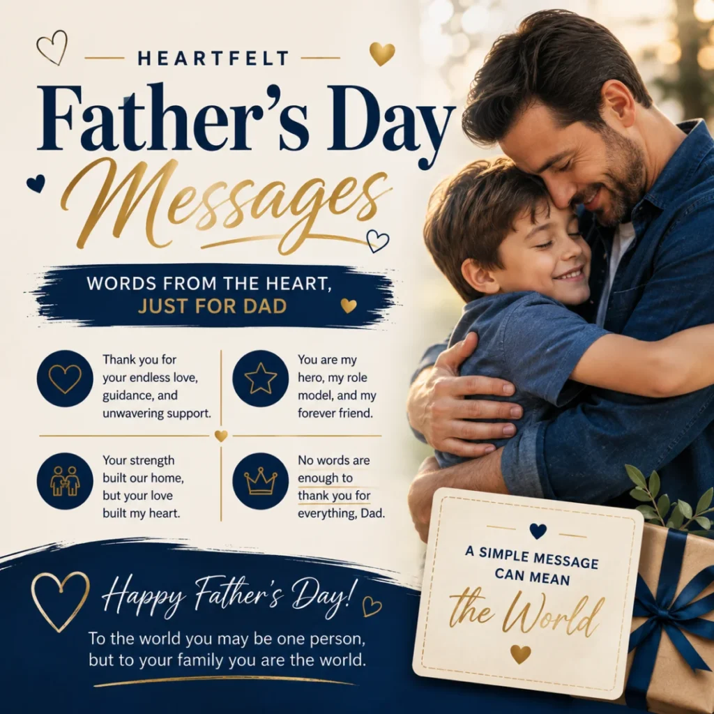 Heartfelt Father's Day messages with a loving father and son hug, celebrating gratitude, love, and meaningful family moments
