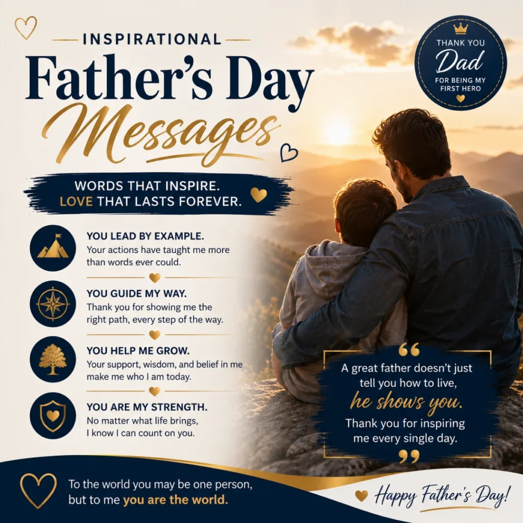 Inspirational Father's Day messages with father and son watching the sunset, celebrating love, strength, and lifelong guidance