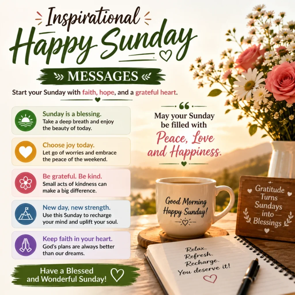 Inspirational Happy Sunday messages with uplifting quotes, flowers, coffee, and a peaceful sunrise background