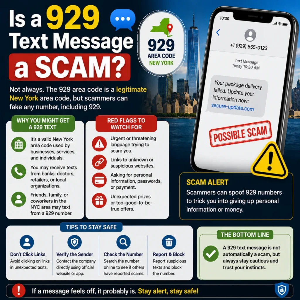 Is a 929 text message a scam? Infographic explaining scam signs, warning flags, and safety tips for 929 area code texts.