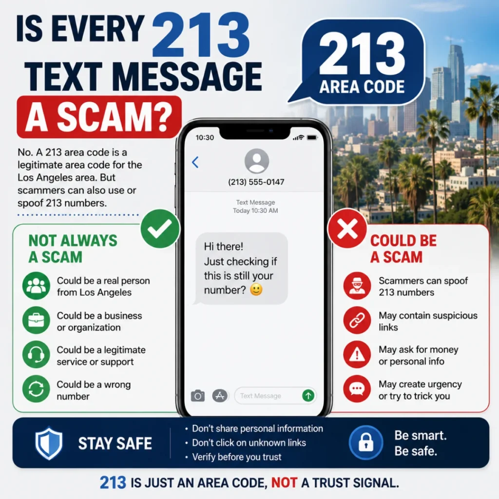 Is every 213 text message a scam? Infographic showing legitimate messages and common scam warning signs