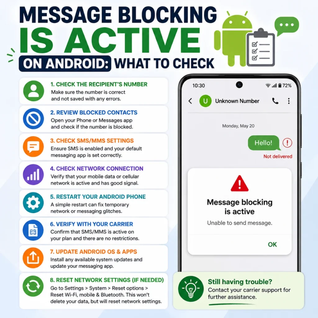Message blocking is active on Android with steps to check numbers, settings, network, and carrier restrictions