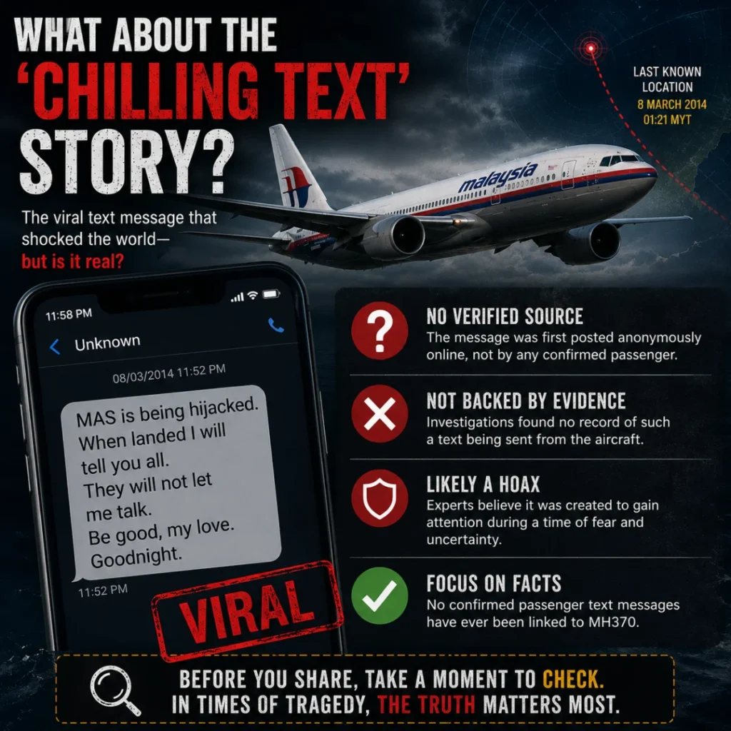 Viral MH370 chilling text story showing an alleged passenger message and fact-check information