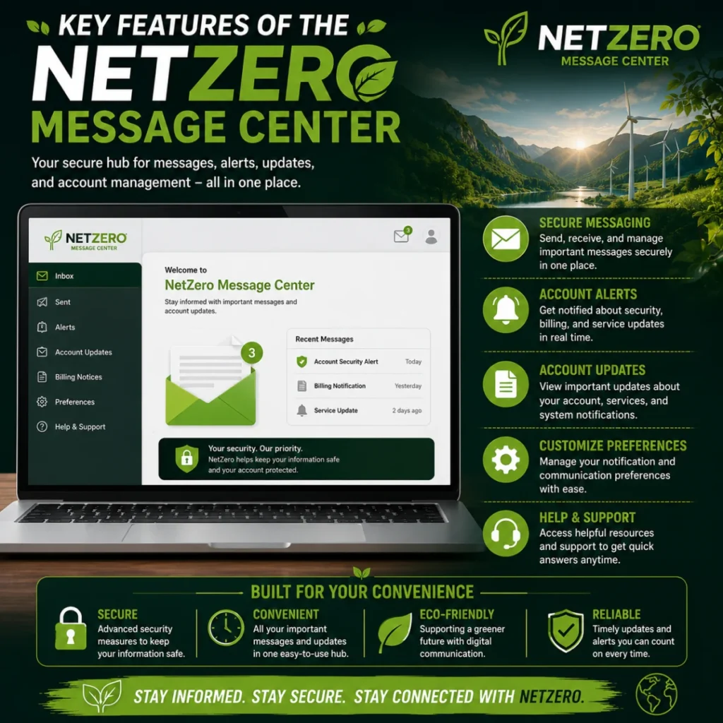 Key features of the NetZero Message Center including secure messaging, alerts, updates, and support