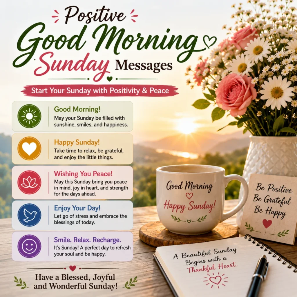 Positive Good Morning Sunday messages with uplifting wishes, flowers, coffee mug, and a peaceful sunrise background