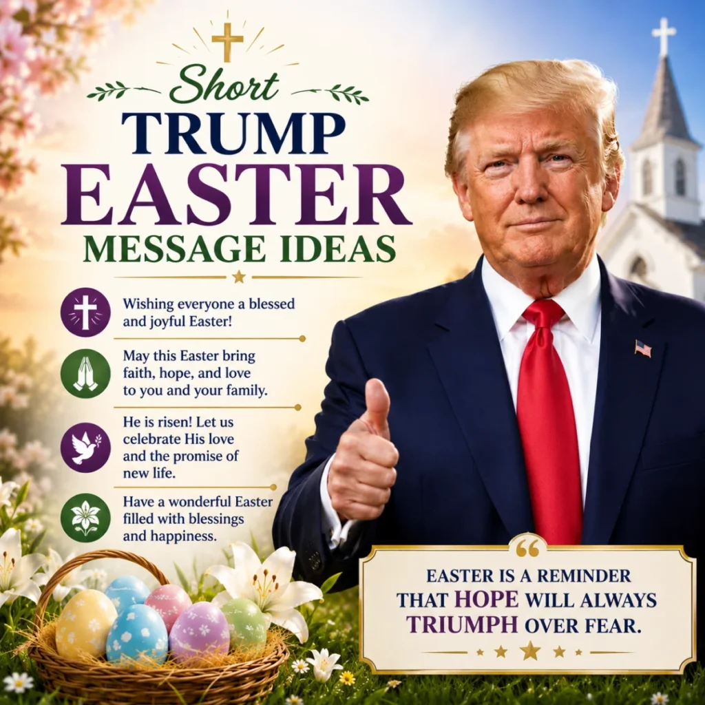 Donald Trump with short Easter message ideas, church, cross, lilies, and colorful Easter eggs in a spring scene.