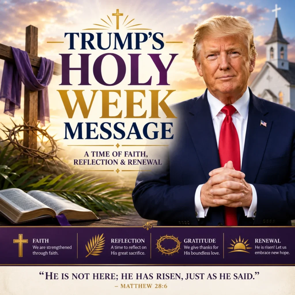 Donald Trump with Holy Week message beside a cross, church, Bible, and crown of thorns in a faith-inspired scene.