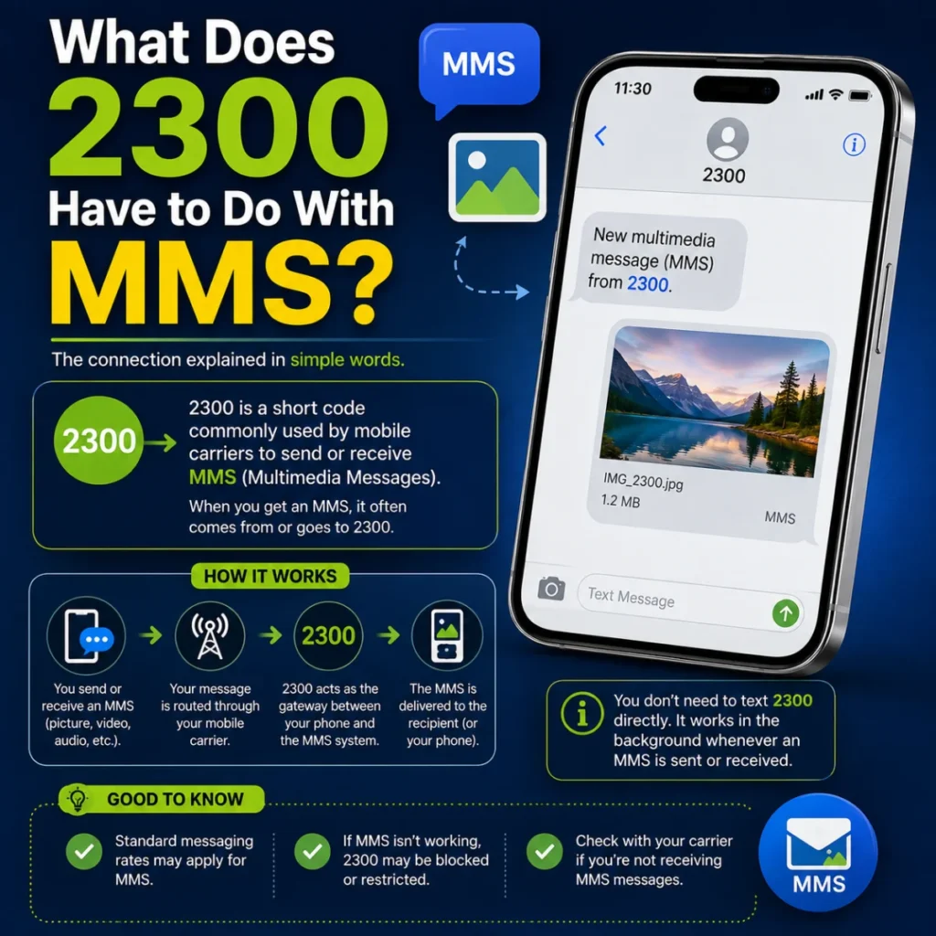 What does 2300 have to do with MMS? Smartphone graphic explaining the 2300 MMS short code and message delivery.