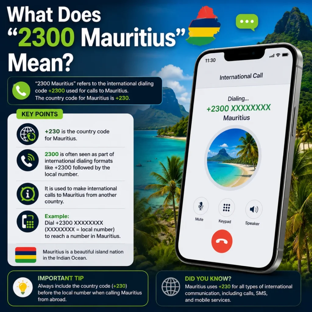 What does 2300 Mauritius mean? Graphic explaining the Mauritius country code and international dialing format.