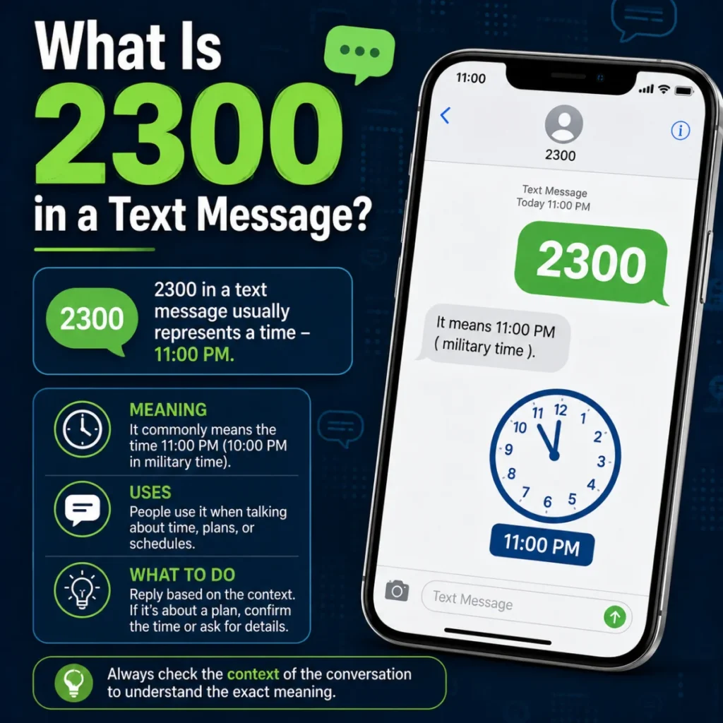 What is 2300 in a text message? Smartphone graphic explaining the meaning of 2300, its uses, and texting context.