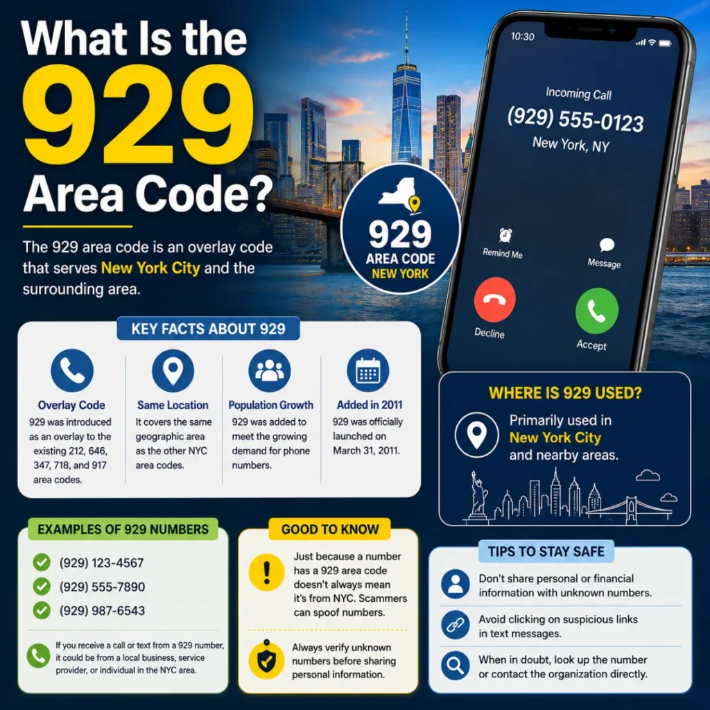 What is the 929 area code? Infographic showing New York area code coverage, key facts, and phone safety tips.
