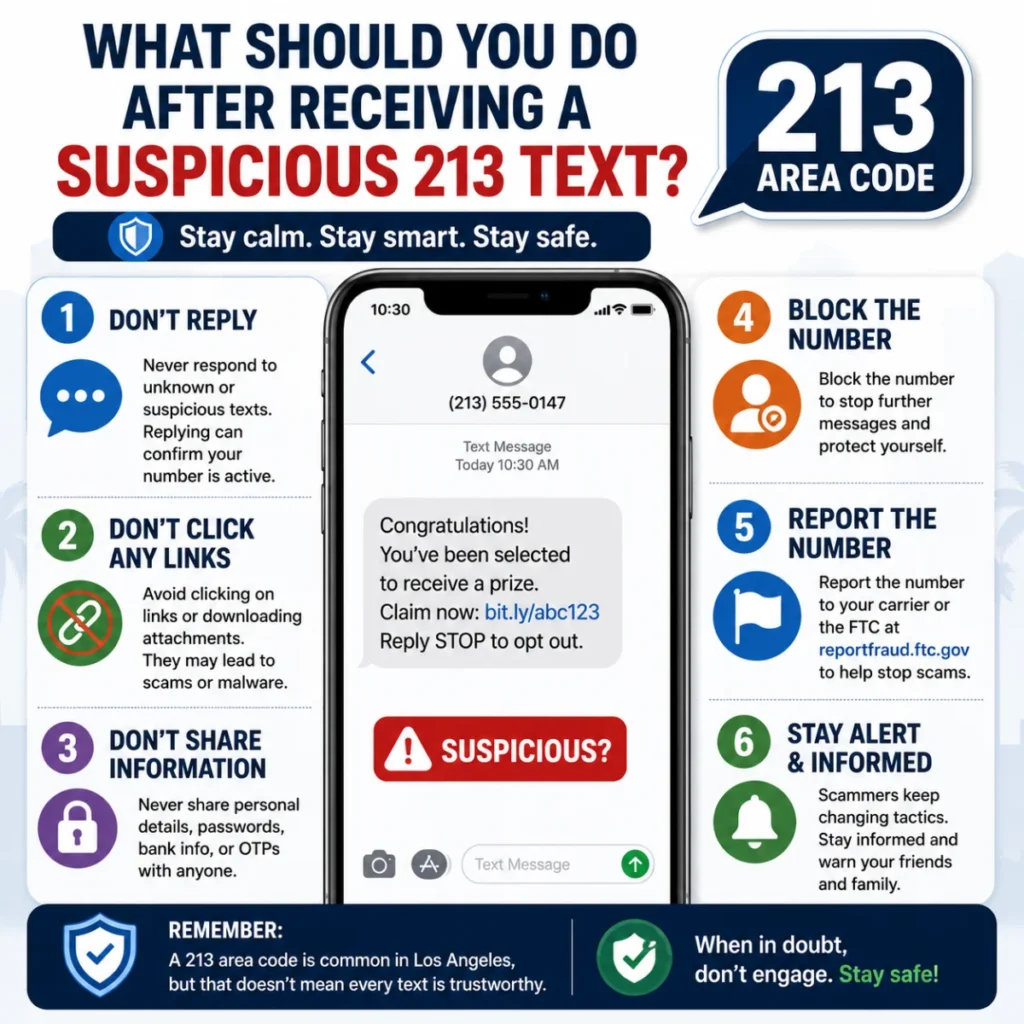 What to do after receiving a suspicious 213 text, including blocking, reporting, and avoiding links
