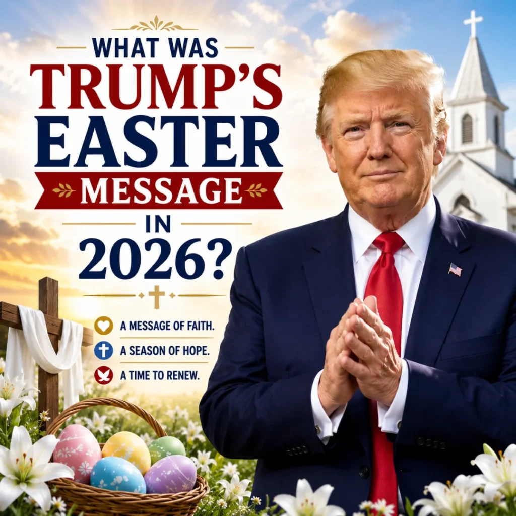 Donald Trump with Easter 2026 message beside a church, cross, lilies, and colorful Easter eggs in a spring setting.