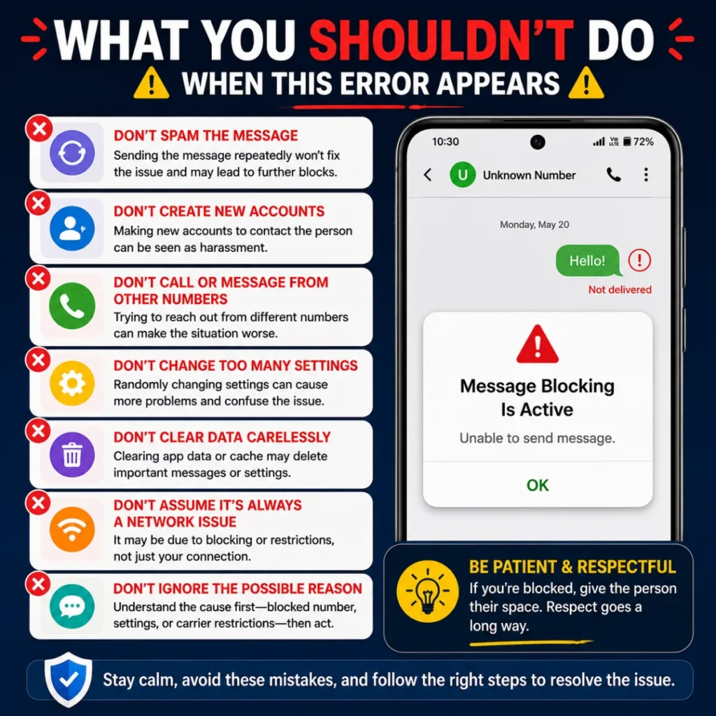 What you shouldn't do when this error appears, including repeated messages and unnecessary settings changes