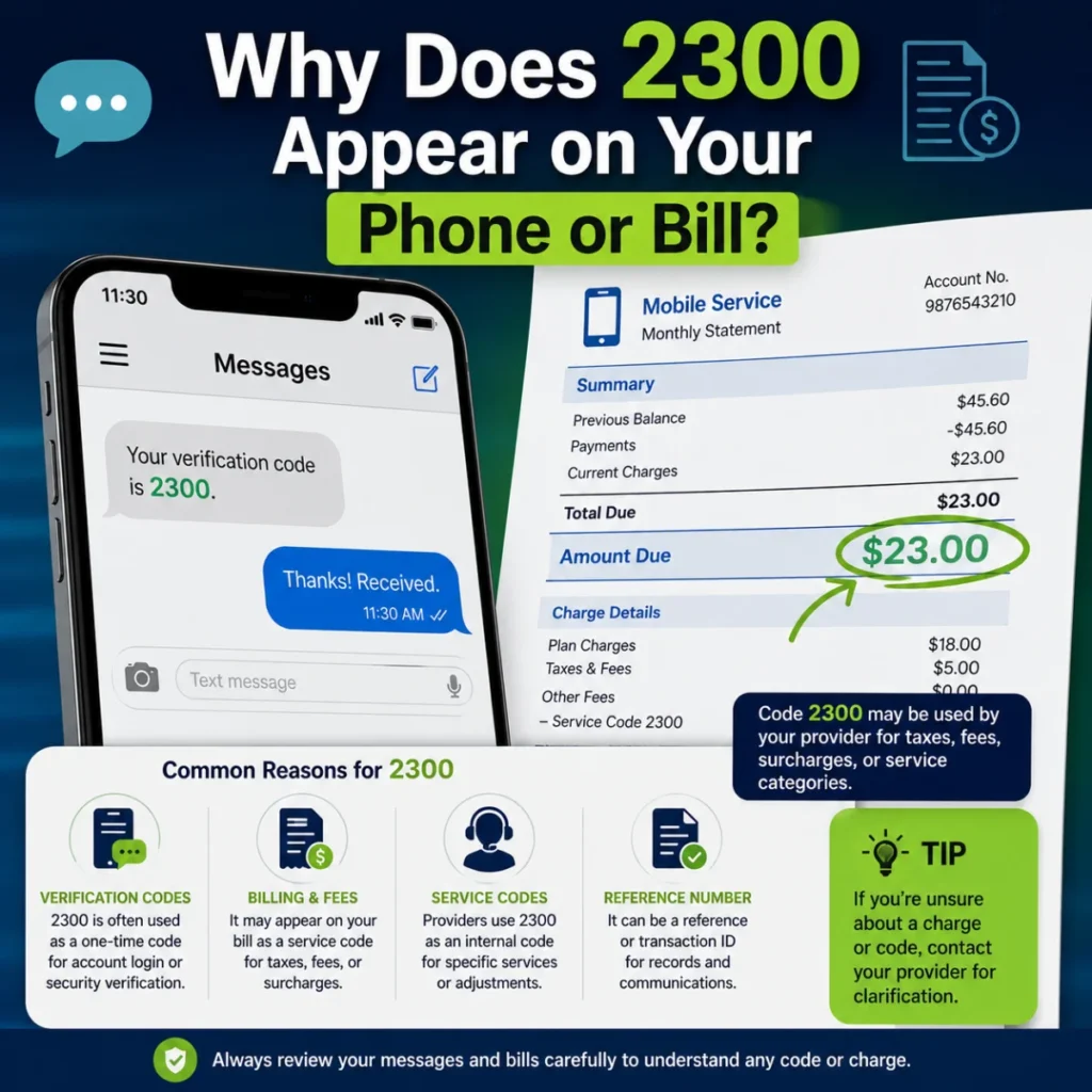 Why 2300 appears on your phone or bill explained with a smartphone, mobile bill, and common service code examples.