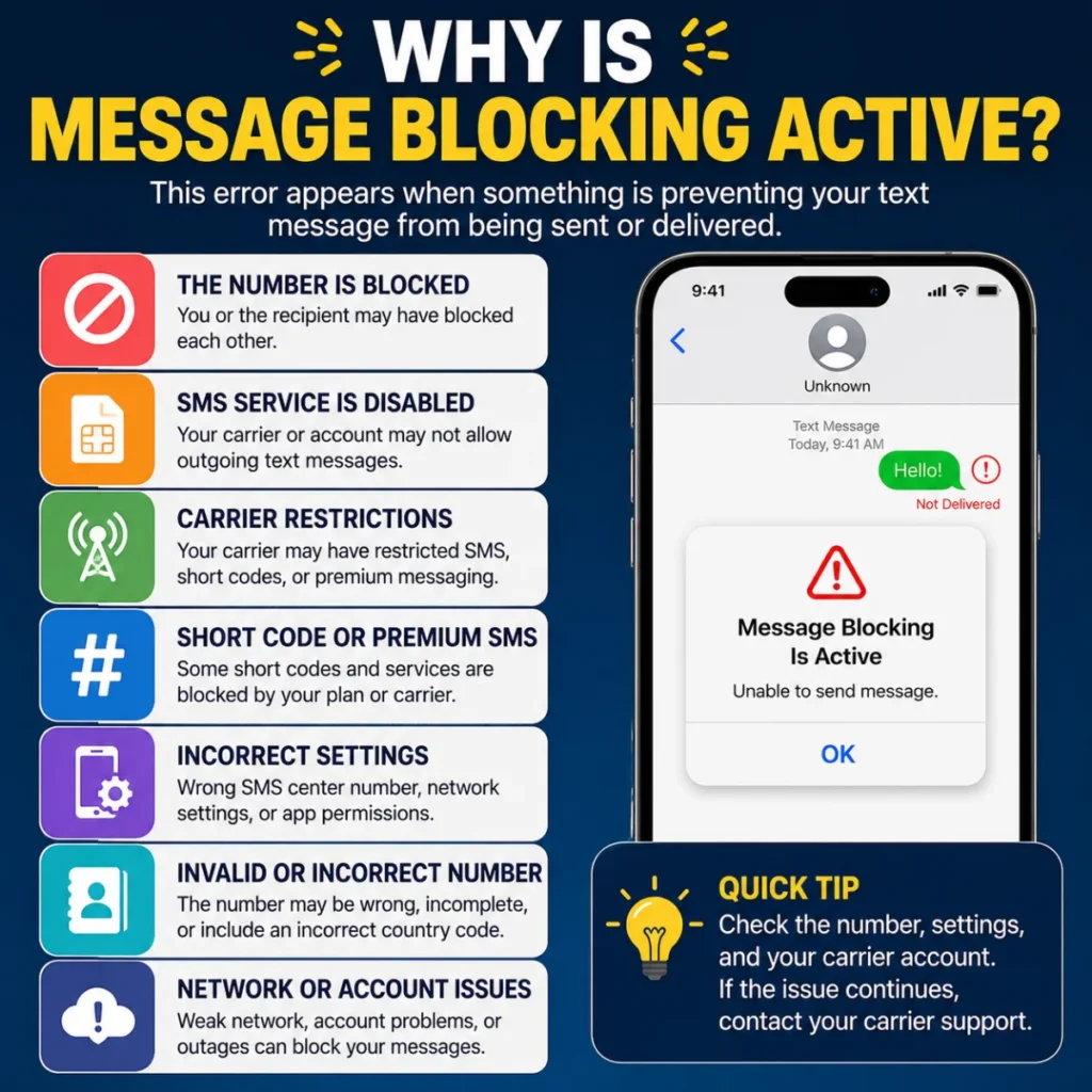 Why message blocking is active with common causes like carrier restrictions, blocked numbers, and network issues