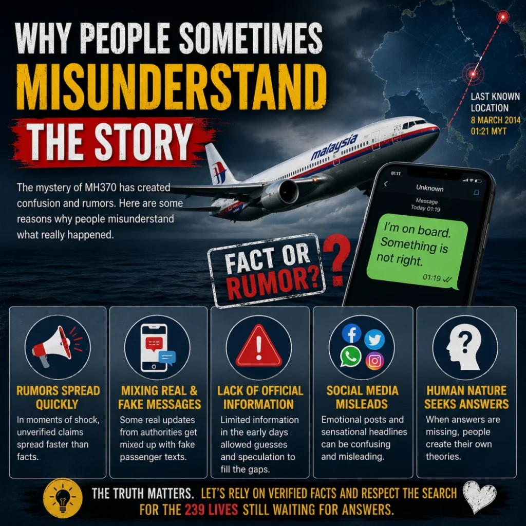 Why people misunderstand the MH370 story, showing rumors, social media, messages, and missing information