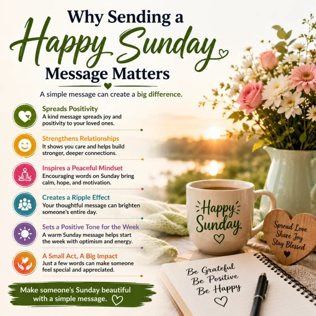 Why sending a Happy Sunday message matters with positive benefits, flowers, coffee, and an inspiring Sunday morning theme