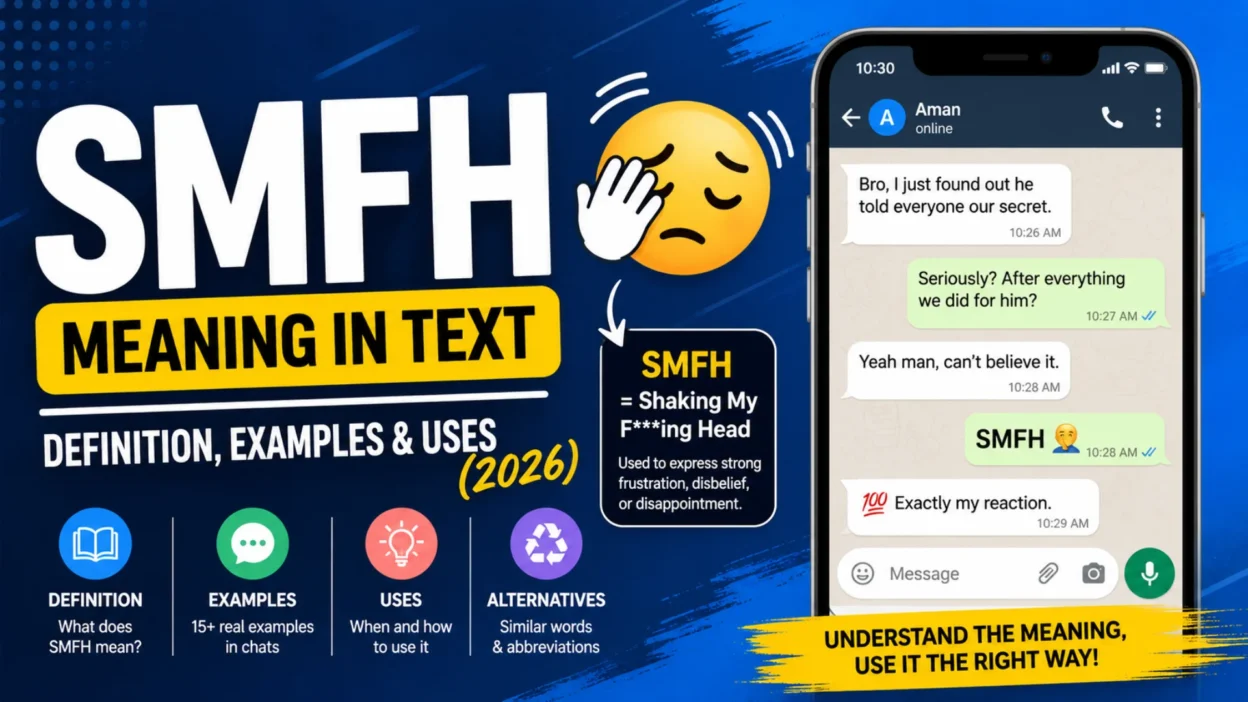 SMFH meaning in text with definition, chat example, uses, and alternatives explained in a colorful infographic.