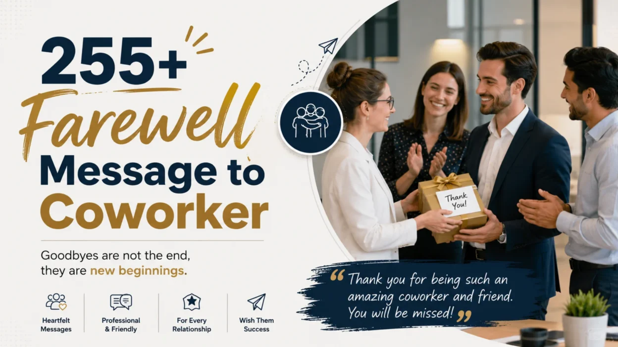 255+ farewell message to coworker banner with coworkers exchanging a thank-you gift in a modern office celebration.