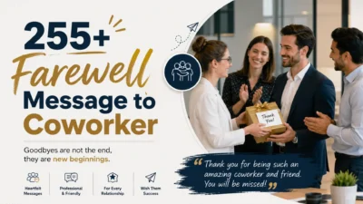 255+ farewell message to coworker banner with coworkers exchanging a thank-you gift in a modern office celebration.