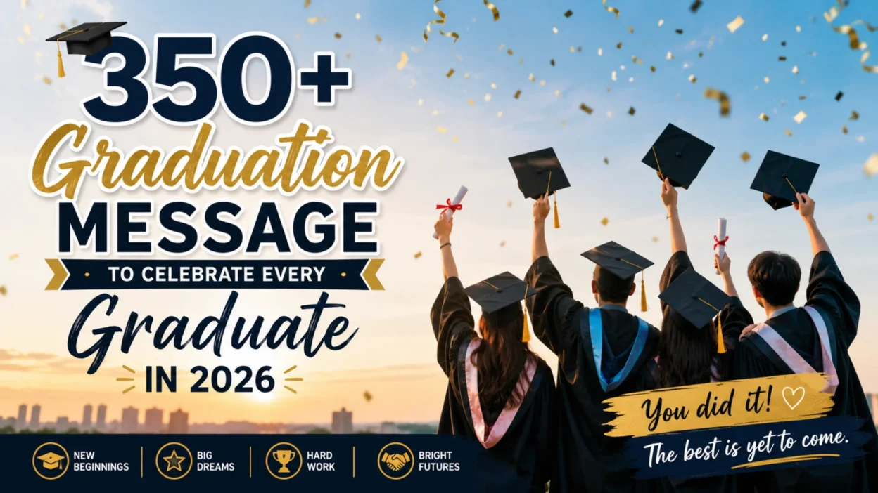 350+ Graduation Message to Celebrate Every Graduate in 2026 banner with happy graduates raising diplomas and graduation caps.