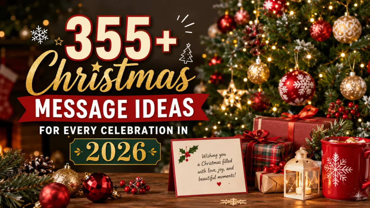 355+ Christmas message ideas for every celebration in 2026 with a festive Christmas tree, gifts, ornaments, and cozy holiday decor.