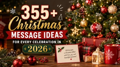 355+ Christmas message ideas for every celebration in 2026 with a festive Christmas tree, gifts, ornaments, and cozy holiday decor.