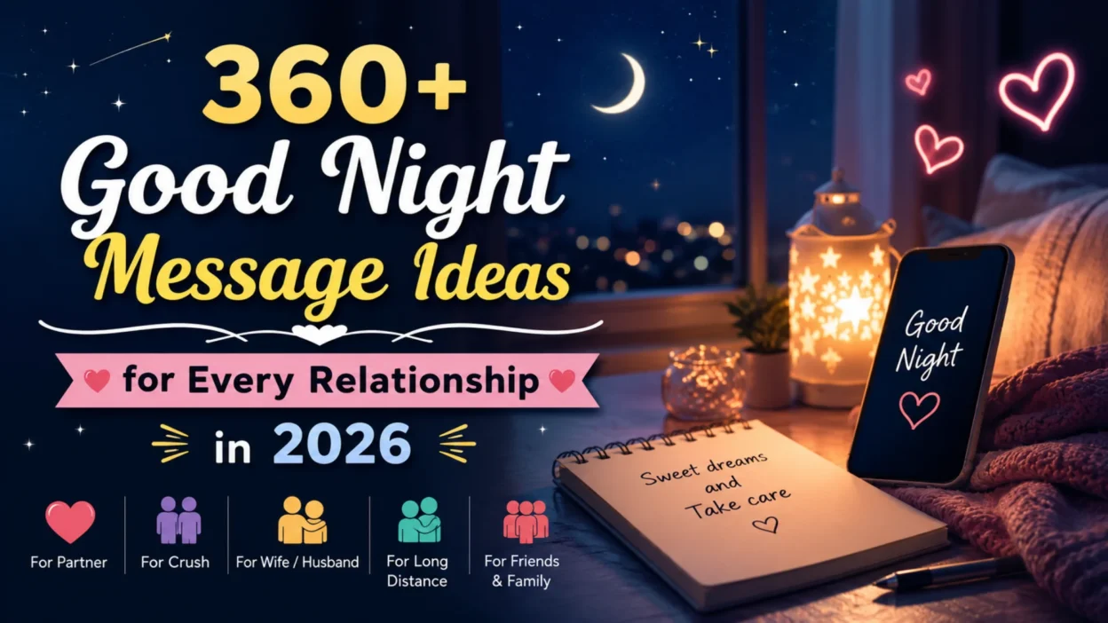 360+ good night message ideas for every relationship in 2026 with cozy bedroom, moonlit window, and romantic phone display