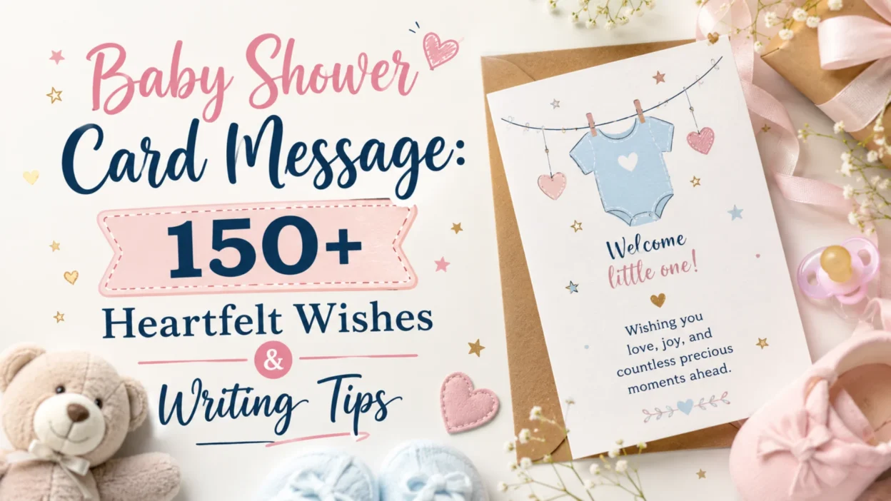 Baby shower card message with 150+ heartfelt wishes and writing tips surrounded by pastel baby gifts and greeting card