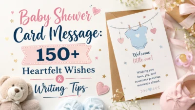 Baby shower card message with 150+ heartfelt wishes and writing tips surrounded by pastel baby gifts and greeting card