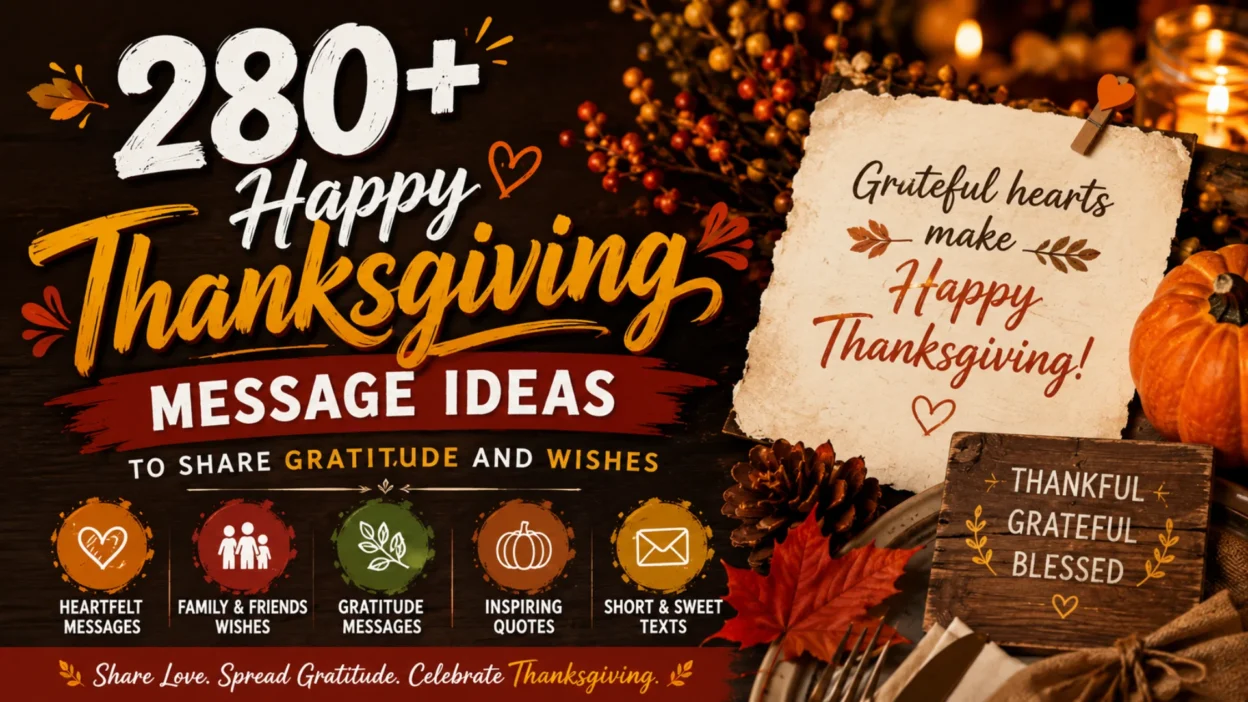 Happy Thanksgiving message ideas banner with pumpkins, autumn leaves, gratitude quotes, and festive wishes