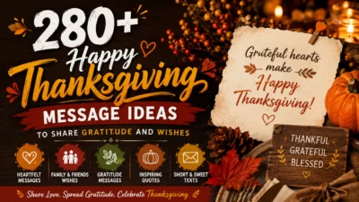 Happy Thanksgiving message ideas banner with pumpkins, autumn leaves, gratitude quotes, and festive wishes