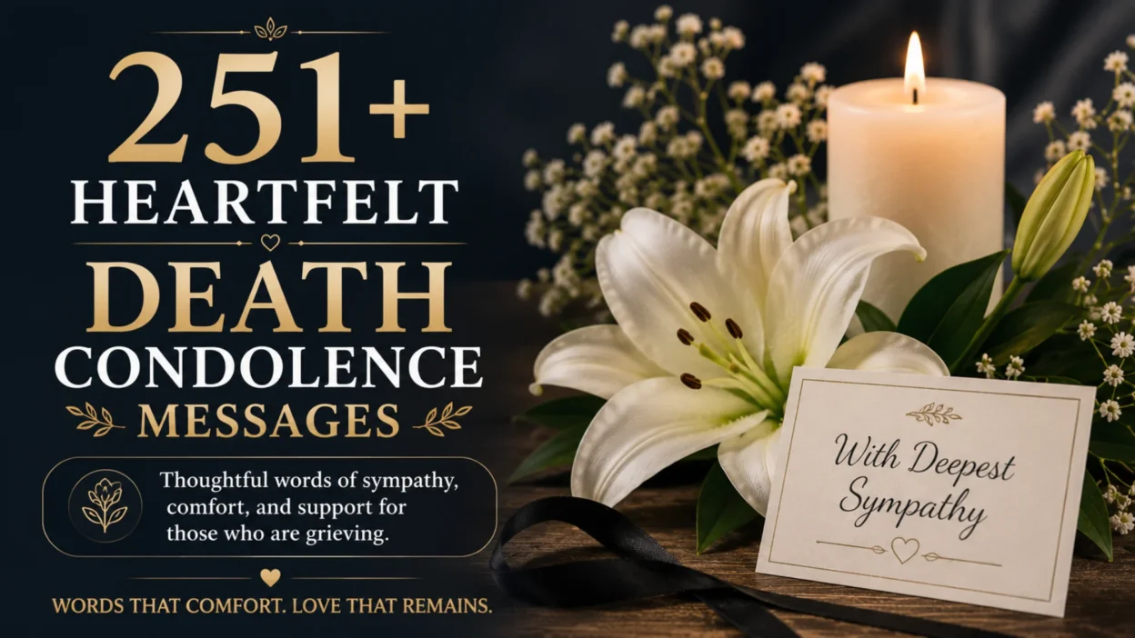 251+ Heartfelt Death Condolence Messages with a memorial candle, white lily, and sympathy card