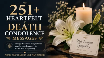 251+ Heartfelt Death Condolence Messages with a memorial candle, white lily, and sympathy card