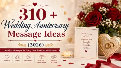 310+ wedding anniversary message ideas 2026 with romantic roses, rings, greeting card, and candle featured image