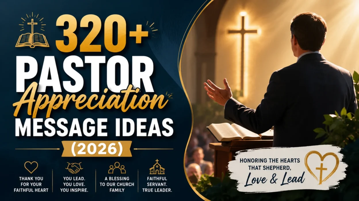 320+ Pastor appreciation message ideas for 2026 with a pastor preaching in church and a warm Christian worship setting