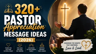 320+ Pastor appreciation message ideas for 2026 with a pastor preaching in church and a warm Christian worship setting