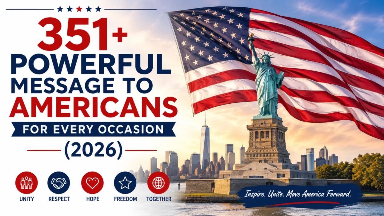 351+ Powerful Message to Americans for Every Occasion (2026) with the American flag, Statue of Liberty, and New York skyline.