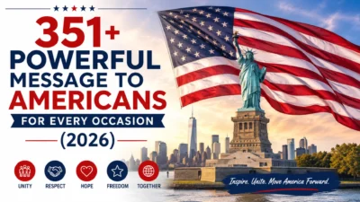 351+ Powerful Message to Americans for Every Occasion (2026) with the American flag, Statue of Liberty, and New York skyline.