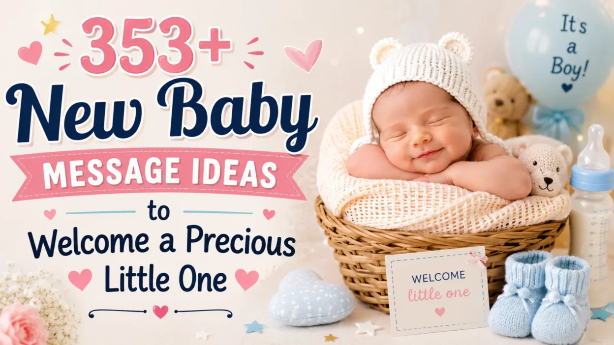 353+ new baby message ideas with a sleeping newborn baby in a cozy basket and soft nursery decorations