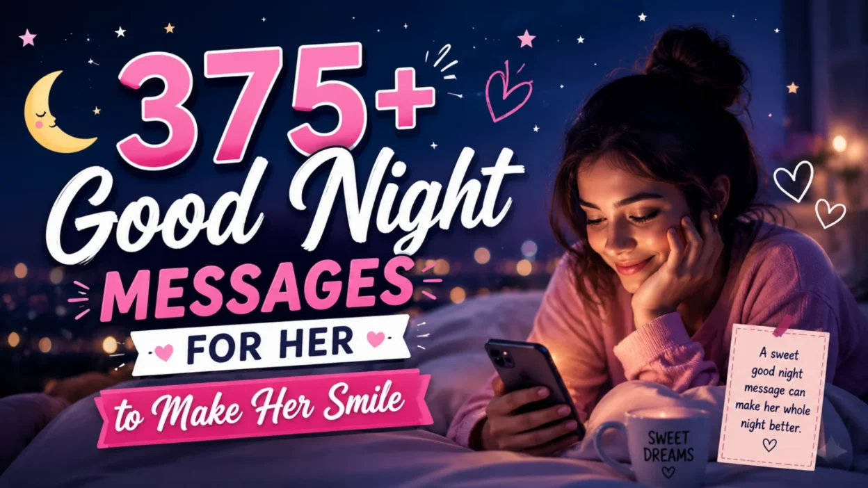 Woman smiling at her phone with 375+ good night messages for her to make her smile under a peaceful night sky