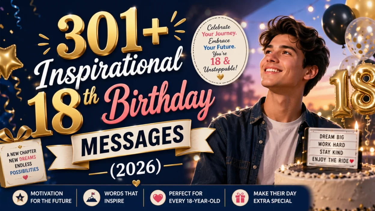 Inspirational 18th birthday messages 2026 featured image with balloons, birthday cake, and joyful young adult celebration